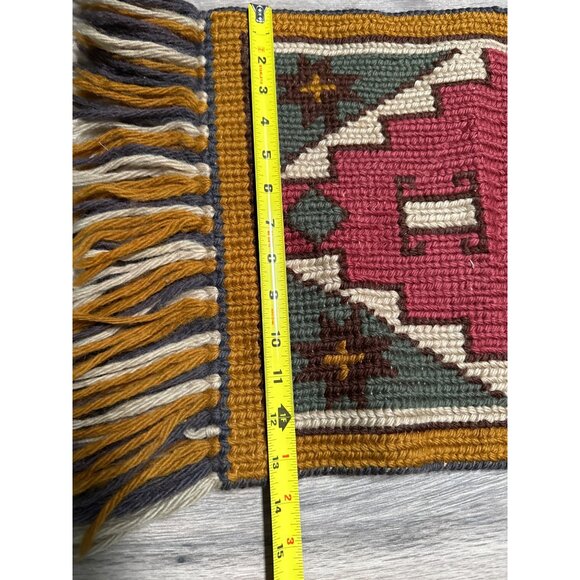 Handwoven Bohemian Runner Rug With Geometric Patterns & Tassels Red Gold Gray - Picture 3 of 6